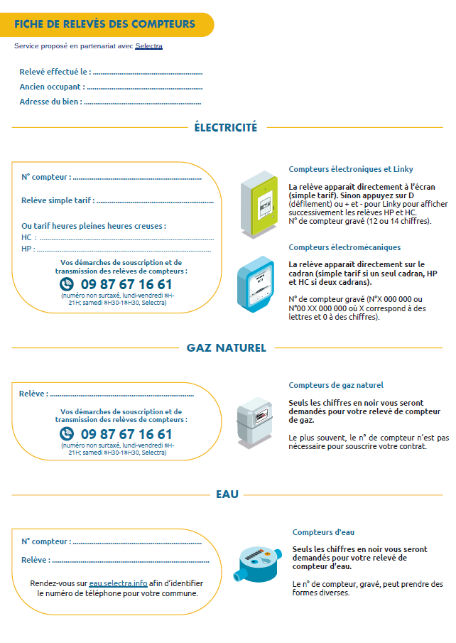 Modèle de fiche de relevé de compteurs (Eau, Gaz, Électricité) pour état des lieux