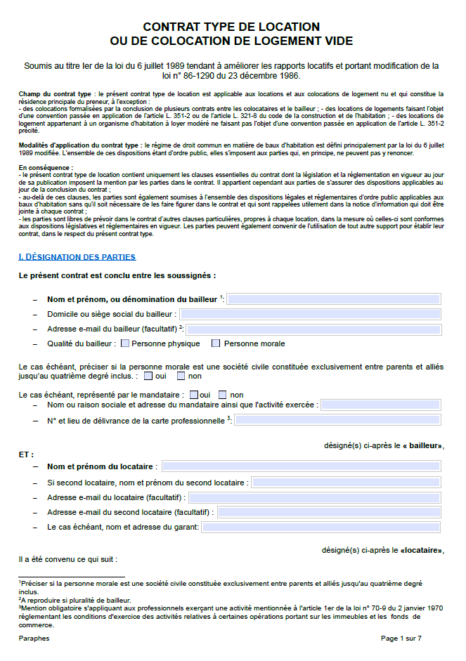 Le contrat de bail de location gratuit