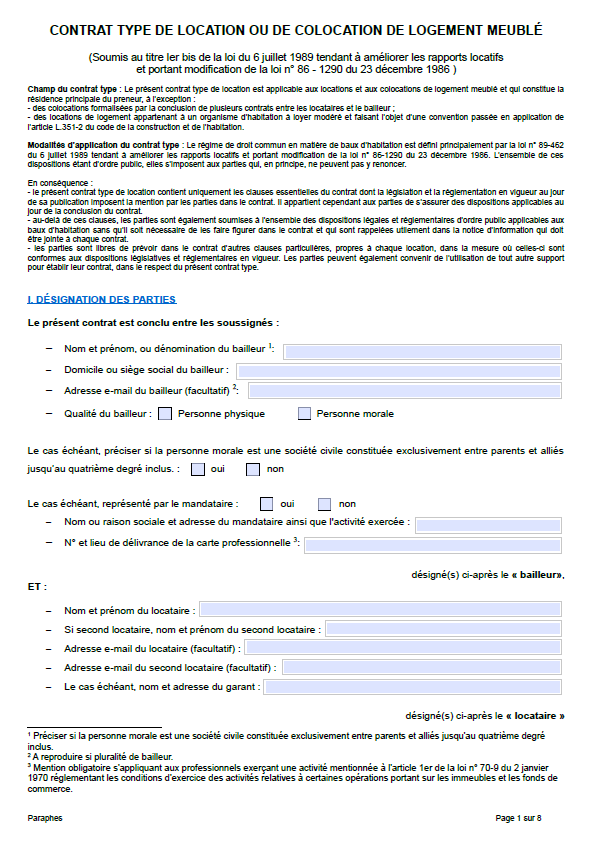 Contrat de colocation vide remplissable en ligne 2026 - Format PDF interactif