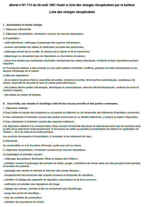 Liste officielle des charges récupérables par le propriétaire (Décret n° 87-713)