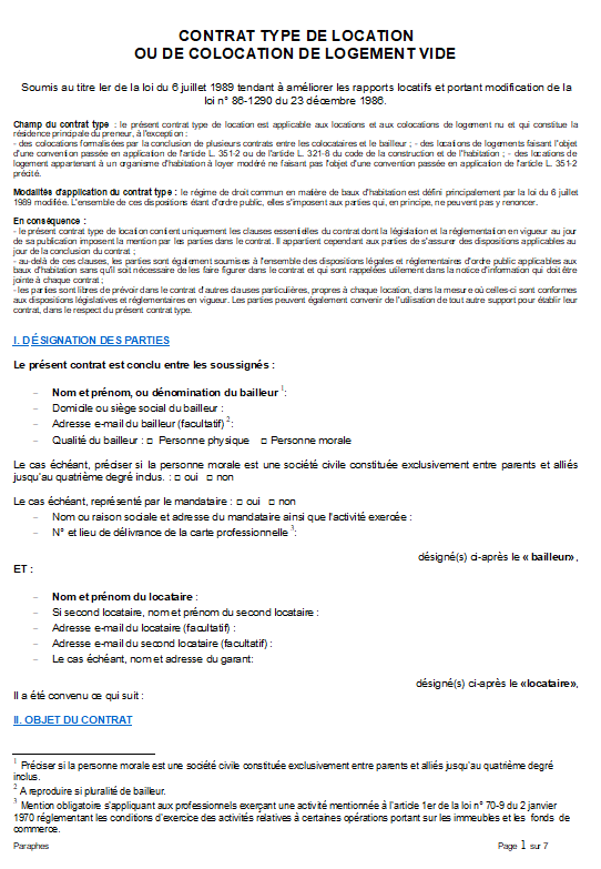 Modèle de contrat de bail de location vide 2026 conforme loi Alur